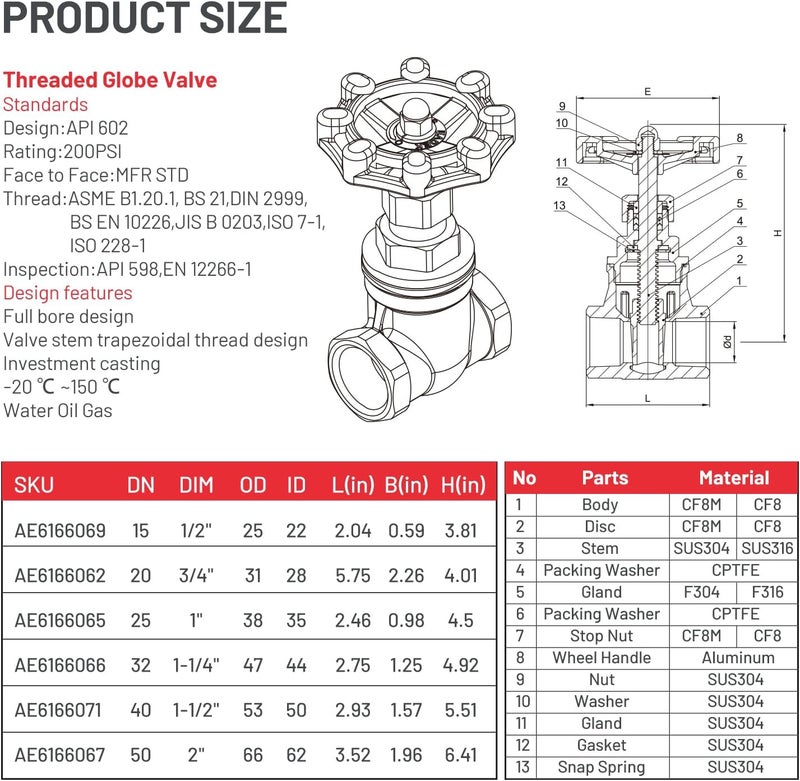 KH  2 Pcs Heavy Duty Gate Valve -, 2" NPT Stainless Steel Female x Female Thread Rotary Sluice Valve - Image 4